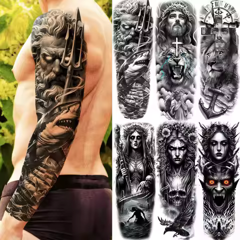 1 Sheet Long Large Zeus Jesus Full Arm Temporary Tattoos Halloween Evil Witch Demon Tatoos Waterproo