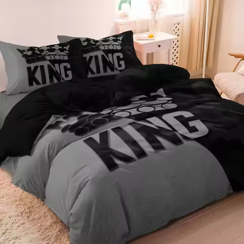 3pcs Black Gray KING And Crown Definition Printed Lettering Duvet Cover Set,1 Duvet Cover + 2 Pillow
