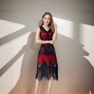 European American 1920s Sequined Beaded Fringed Sleeveless Vest V-Neck Dress Fashion Evening Dress