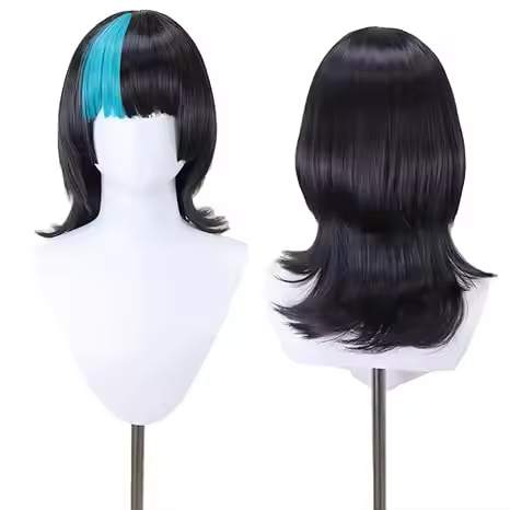 Anime Kirara Hoshi Wig Blue and Black Medium Curly Hair with Bangs Party Halloween Cosplay Props Acc