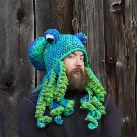 Funky 3D tentacle knit hat, handmade crochet octopus/frog design warm hat, party outfit photo prop q