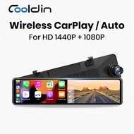 COOLDIN 4K Wireless CarPlay Android Auto Dual Screen Car DVR Dash Cam 11.26” FHD 1440P Rear View Mirror Stream Media Video Recorder