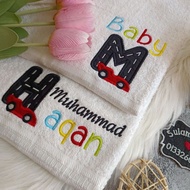 Car Applique Towel Baby Sulam Nama Cotton Sulamilicious Tuala mandi newborn budak taska tadika Serap Air Birthday Gift