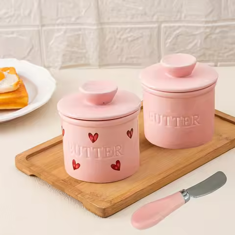 1pc Ceramic Butter Crock with Lid & Knife, Elegant Pink French Butter Crock Butter Dish for Spreadab
