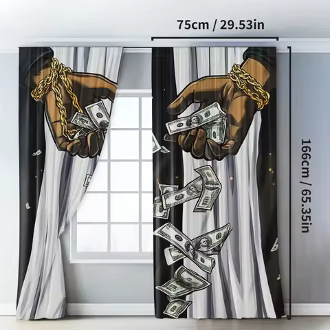 2pcs Skeleton Hand with Golden Chain & Fluttering Dollar Bills Blackout Curtains - Polyester Light B