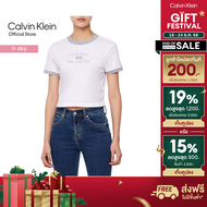 CALVIN KLEIN เสื้อยืดคอกลมแขนสั้นผู้หญิง Ringer T-shirt ทรง Baby tee รุ่น 47B808G VVC - สีขาว-เทา