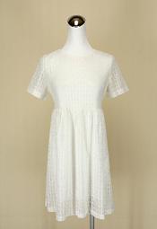 貞新二手衣 韓 白色雕花圓領短袖蕾絲棉質洋裝M號(17540)