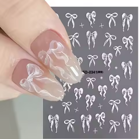 1PC 5D Lovely White Ribbon Nail Sticker Cute Silk Bowknot Nail Decals Y2K Self-Adhesive Bowknot Side