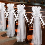 4-piece set of white wedding bench with bow and long tulle train church chair aisle decoration weddi