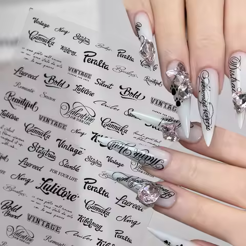 1pcs Black White English Letter Nail Stickers 5D Gothic Words Roman Alphabet Character Nail Decal Se