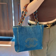 Chanel香奈兒 中古牛仔拼玳瑁手提包  底長約25。