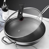 Premium 304 Stainless Steel Non stick Honey Comb Wok with Cover Double Frying Grill Pan 单柄内蜂窝炒锅