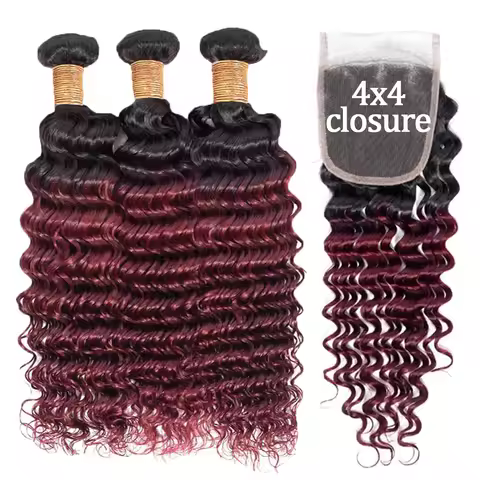 T1B/99J Burgundy Deep Wave Human Hair Bundles With 4x4 Lace Closure 12A Brazilian 100% Human Hair Ex
