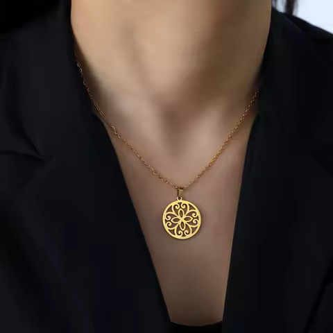Cazador Stainless Steel Mandala Flower of Life Pendant Necklace for Women Gift Lotus Neck Chain Amul