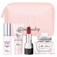 💯🔥ซื้อในฝรั่งเศส🔥 กระเป๋าพกพา 1 ใบ ได้ 4 ชิ้น 5 ไอเทม น้ำหอม Dior Miss Blooming เซรั่ม ลดริ้วรอย เซรั่ม บำรุงผิว ลิปสติก Dior #999 พร้อมกระเป๋าDiorแท้ สีชมพูพาสเทล