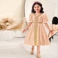 DRMZ Young Girl Spring/Summer Matching Family Vacation, Vintage Gold Polka Dots Puff Sleeve A-Line D