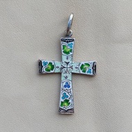 silver cross, silver necklace, cloisonne enamel necklace