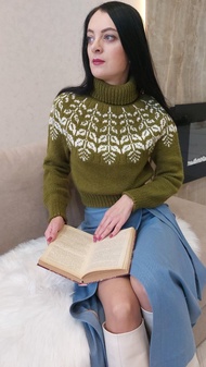 北歐風毛衣 費爾島苔蘚綠白色套頭衫 高領短毛衣