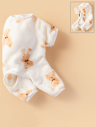 1件雙面法蘭絨舒適保暖小熊印花寵物衣服,適用於狗和貓,適合秋冬四腳家居服裝,適合小型和中型寵物