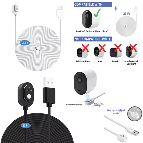 25ft/7.6m Weatherproof Charging Cable for Arlo Ultra/Ultra 2/Pro 3/Pro 4/Go 2/PRO 5S with USB Port F