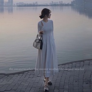 Váy tiểu thư cổ tròn khoét vai dáng dài xòe KUDOSHOP Đầm dự tiệc tay dài hai màu trắng đen dáng suôn