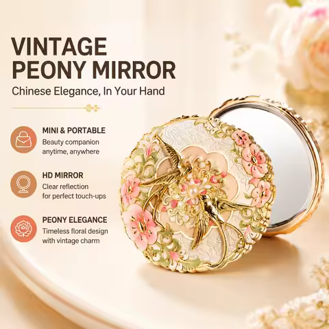 Vintage Chinese Style Peony Mini Mirror Portable Pocket Makeup Mirror with Ancient Xi'an Yunque Desi