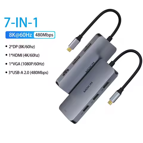 MOKiN USB C HUB Adapter to HDMI 4K@60Hz DP VGA 3USB 2.0 PD3.0 Charging,Docking Station for MacBook P