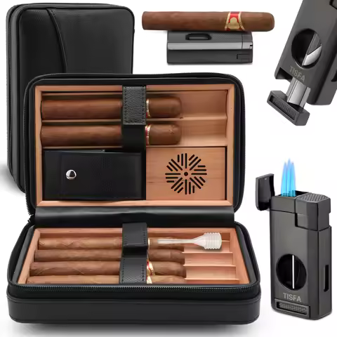 Cigar Humidor, Cedar Wood Cigar Case with Cigar Lighter, V Cut Cigar Cutter,Cigar Holder 3 in 1 Trav