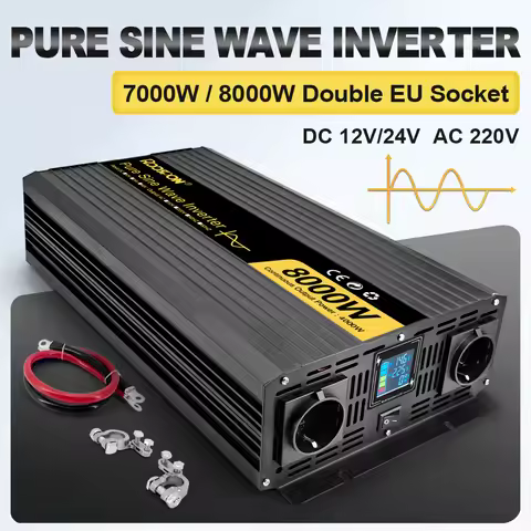 RDDSPON Pure Sine Wave Solar Inverter 7000W 8000W Double EU Socket LCD Display DC 12V 24V To AC 220V