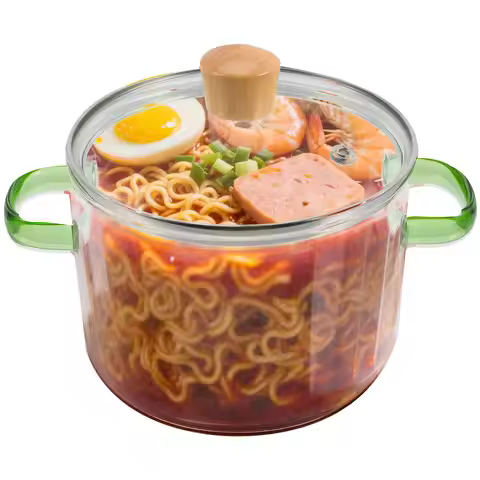 Clear Heat-Resistant Glass Stew Pot with Double Handles Wooden Base Soup Cooking Pot for Noodles Veg