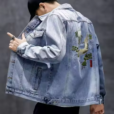 Men's Denim Jacket with Embroidery Male Jean Coats Blue Original Autumn Menswear Y2k Fashion Washed 