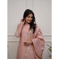 READY STOCK S -XXL CORAL BELL'S  Beautiful Embroidery Work In Chanderi Fabric Kurti, Pants And Dupat