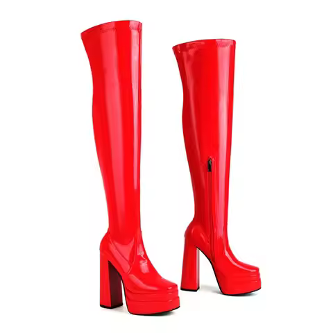 Women Patent Leather Over The Knee Platform Boots Black White Red Double Layer Block Heel Thigh High