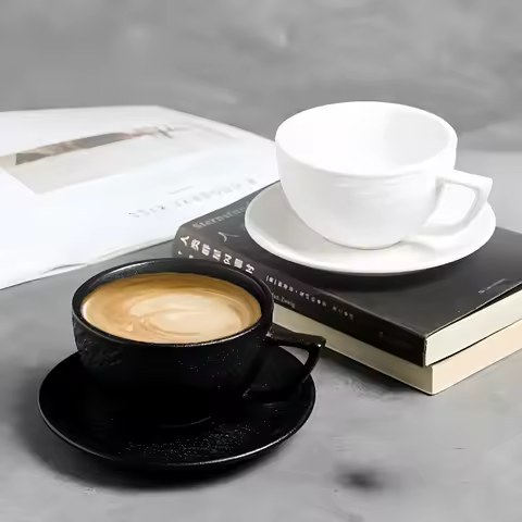 Coffee Mugs Set of 2 with Saucers, Black White Rock Music Gift for Men, Ceramic Latte Cups