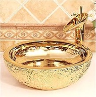Bathroom Vessel Sink and Round Gold Ceramic Countertop Vanity Bowl Sink for Bathroom Cloakroom Offic