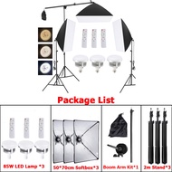 ไฟไลฟ์สด 85W/300W สตูดิโอถ่ายภาพ ไฟต่อเนื่อง ไฟสตูดิโอ ไฟถ่ายรูป 50x70cm Softbox with Boom Arm Kits