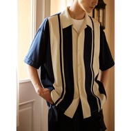 [H2O] Shirt Men Cuban Collar Embroidered Feeling Stitching Profile Short Sleeve T-Shirt Hawaiian Sum