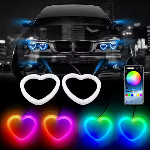 2PCS Angel Eyes RGB Heart Halo Ring with Bluetooth Control Dynamic Angel Eyes Halo Ring LED DRL Turn