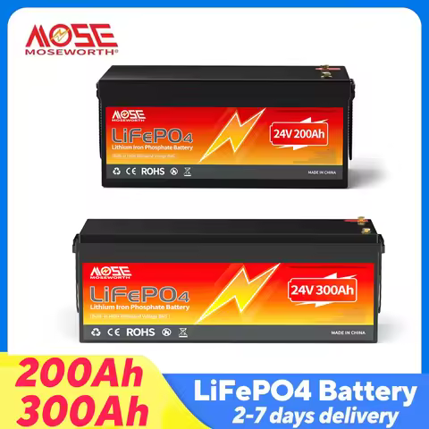 MOSEWORTH 24V 200Ah 300Ah LiFePO4 Lithium Battery 10000+ Deep Cycle Battery Built-in 200A BMS Rechar
