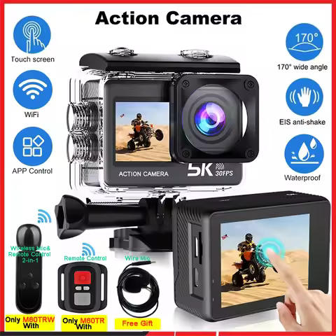 Action Camera 5K 4K60FPS 50MP 2" Touch Dual Screen 5X Zoom Wi-Fi EIS 170° DVR Webcam Wireless Mic 30