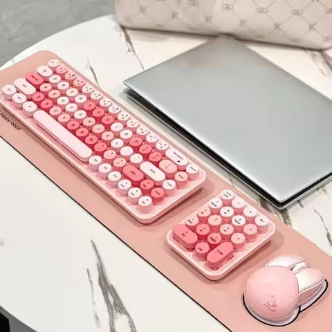 MOFii Gradient Pink Vintage Round Keycap Wireless 3-in-1 Combo, Cute Magnetic Rabbit Mouse, Portable