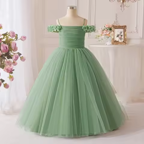 New Big Girls Ling Dress Girls Flower Mesh Tutu Skirt Small Host Birthday Dress Suspender Mesh Princ