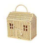 Rattan House Shaped Basket with Lid Decorative Hand Woven Shelf Organizer with Folding Handle Harves