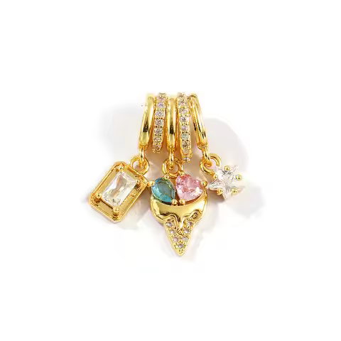 1 Piece Brass Charms 18K Gold Plated Micro Pave Clear Rhinestone Passport Star Feather Ice Cream Pen
