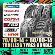 TAYAR MICHELIN,CORSA,IRC,FKR,GRT,SWALLOW,DURO,VIVA 70/90-14+80/90-14,90/80-14 FOR EGO/SOLARIZ/GEAR/A