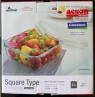 GlassLock 2600ml Square Type Food Storage /Food Container By Acson Made In Korea (200x200x80 mm)
