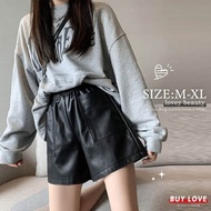 [Buy Love] Arrival The Next Day Multi-Size Loose High Waist Double Pocket Leather Shorts Plain Slimm