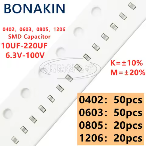 0402 0603 0805 1206 SMD Capacitor 10uF 22uF 47uF 100uF 220uF 6.3V 10V 16V 25V 35V 50V 63V 100V K M 2
