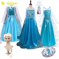 Disney Frozen Elsa Baby Dress For Kids Girl Mesh Sequined Princess Dresses with Cloak Wig Crown Nail Stickers Kid Clothes Children OOTD Wear