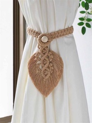 1入簡單流蘇和葉子和木珠裝飾的編織窗簾繩扣,多色/棕色
